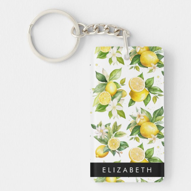 Lemon Pattern, Lemon Flowers, Leaves, Your Name Key Ring (Front)