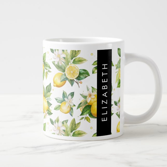 Lemon Pattern, Lemon Flowers, Leaves, Your Name Large Coffee Mug (Right)