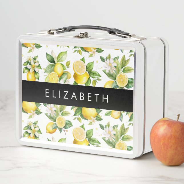 Lemon Pattern, Lemon Flowers, Leaves, Your Name Metal Lunch Box (In Situ)