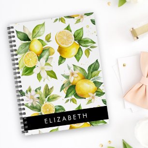 Lemon Pattern, Lemon Flowers, Leaves, Your Name Notebook