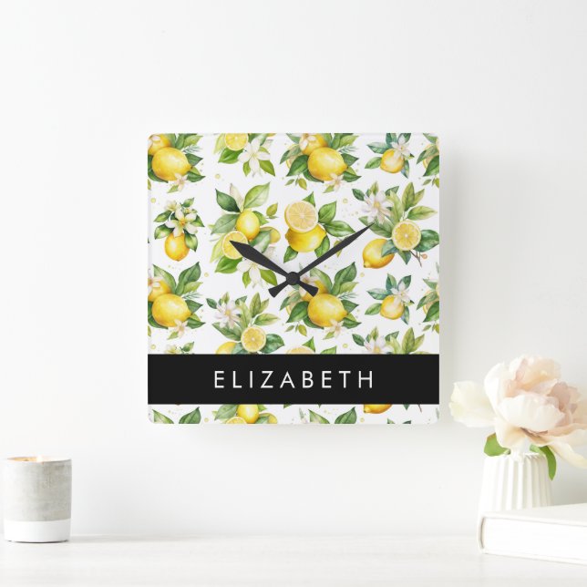 Lemon Pattern, Lemon Flowers, Leaves, Your Name Square Wall Clock (Home)