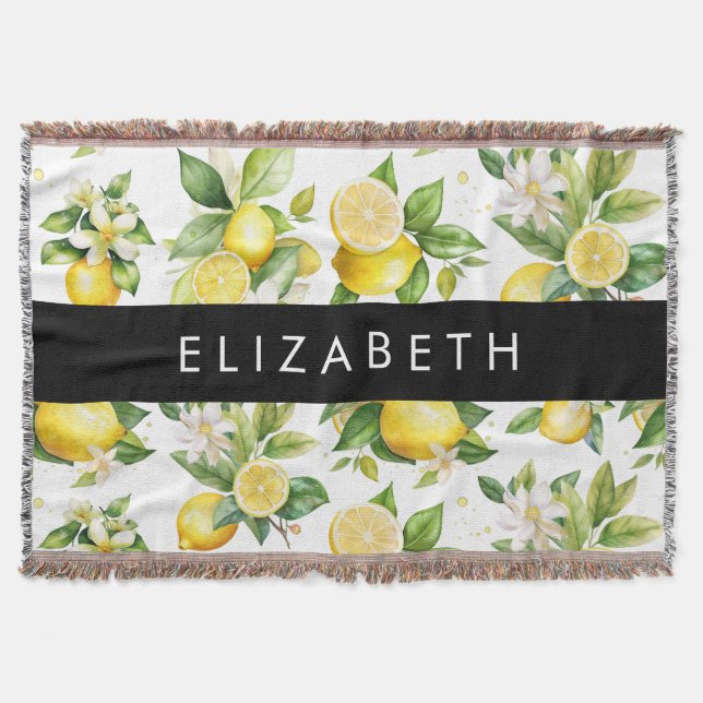 Lemon Pattern, Lemon Flowers, Leaves, Your Name Throw Blanket (Front)
