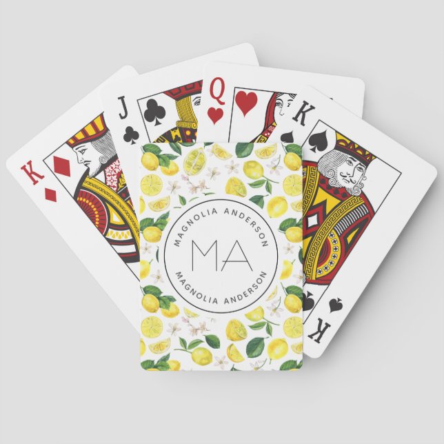 Lemon Pattern Monogram Name  Playing Cards (Back)