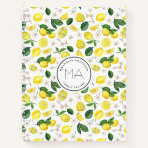 Lemon Pattern Monogram Name Recipe Notebook