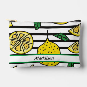Lemon Pattern on Black and White Striped Accessory Pouch