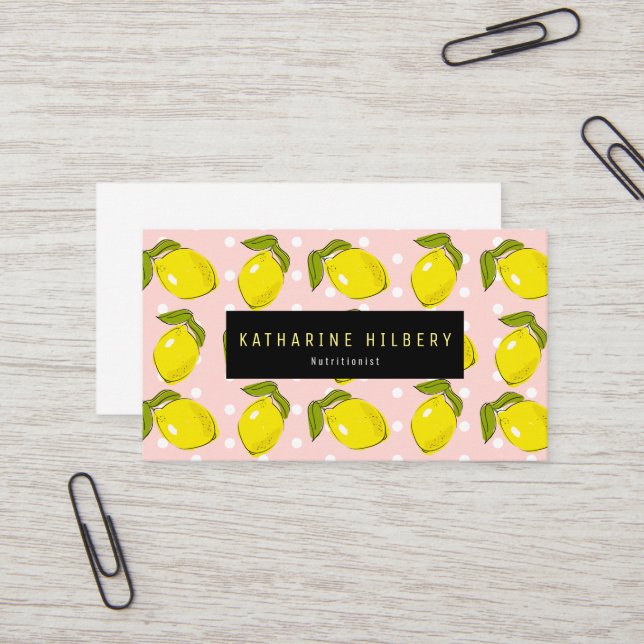 Lemon Pattern Polka Dot Blush Pink Business Card (Front/Back In Situ)