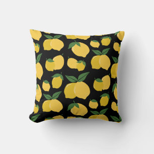 Lemon Pattern Retro Fruit Yellow On Black Cushion