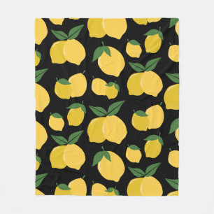 Lemon Pattern Retro Fruit Yellow On Black Fleece Blanket