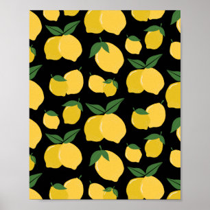 Lemon Pattern Retro Fruit Yellow On Black Poster
