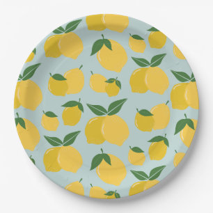 Lemon Pattern Retro Fruit Yellow On Green Paper Plate