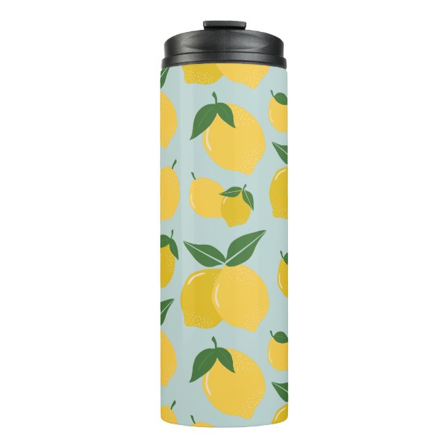 Lemon Pattern Retro Fruit Yellow On Green Thermal Tumbler (Front)