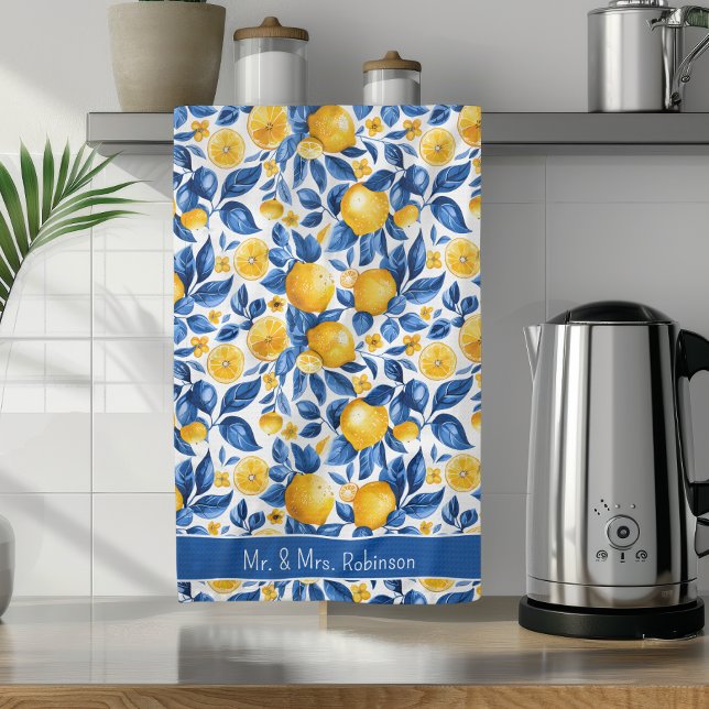 Lemon Pattern Tropical Fruit Custom Couple Name Tea Towel (Creator Uploaded)