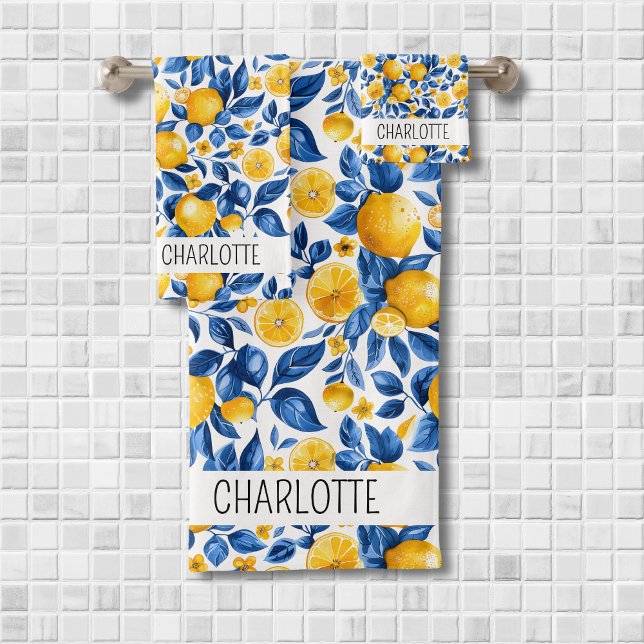 Lemon Pattern Tropical Fruit Personalised Name Bath Towel Set (Creator Uploaded)
