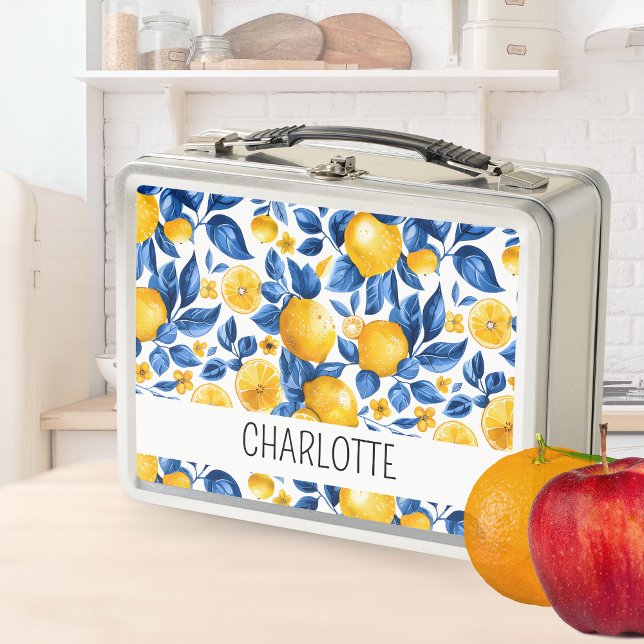 Lemon Pattern Tropical Fruit Personalised Name Metal Lunch Box (Creator Uploaded)
