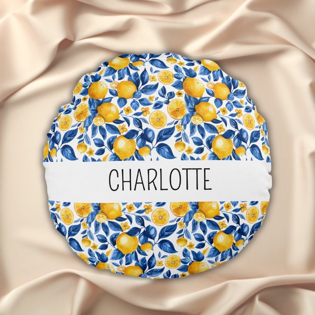 Lemon Pattern Tropical Fruit Personalised Name Round Cushion (Creator Uploaded)