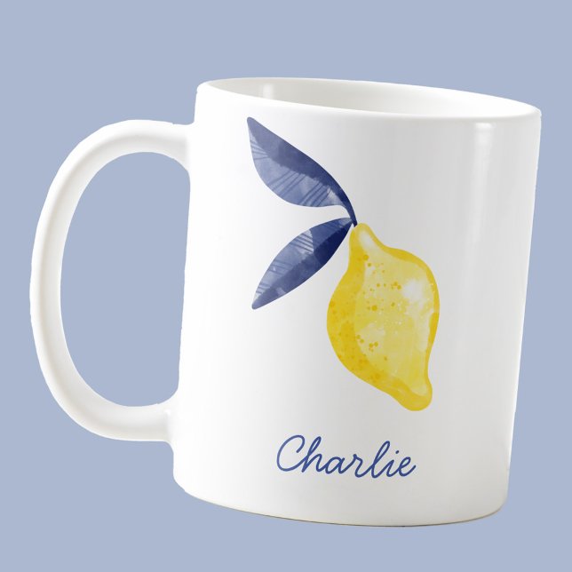 Lemon Personalised Coffee Mug (Personalized script name watercolor lemon citrus fruit coffee mug)