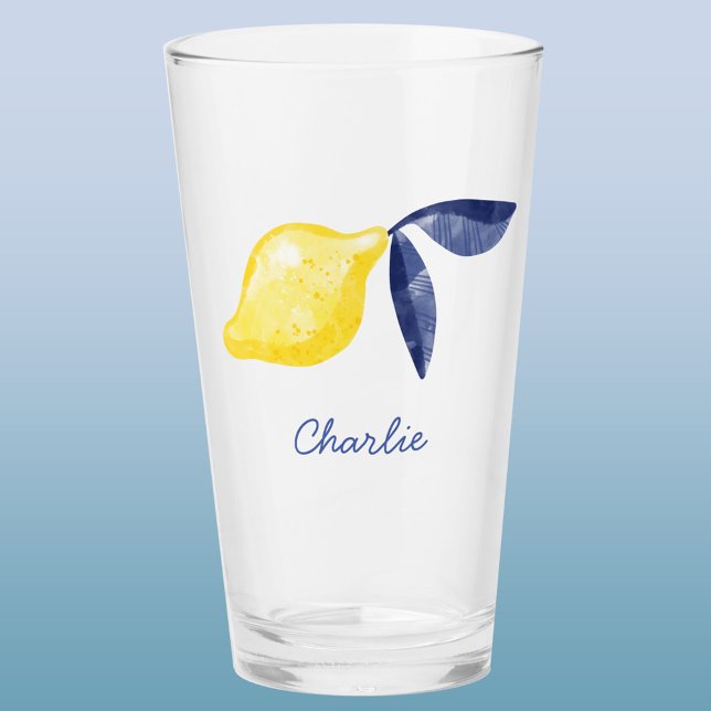 Lemon Personalised Glass (Lemon watercolor personalized custom name glass tumbler)