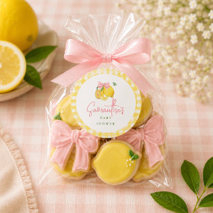 Lemon pink bow gingham classic round sticker