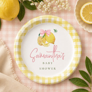 Lemon pink bow gingham paper plate