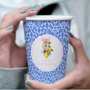 Lemon Pink Bow preppy 1st birthday Paper Cups