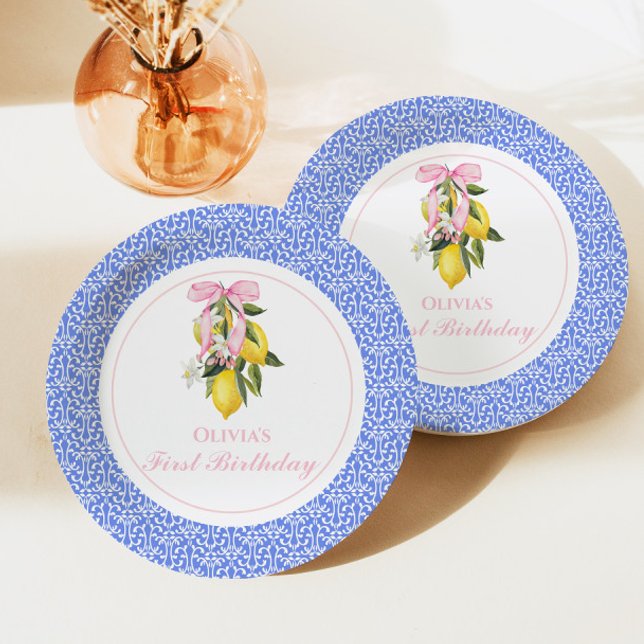 Lemon Pink Bow preppy 1st birthday Paper Plate (Creator Uploaded)