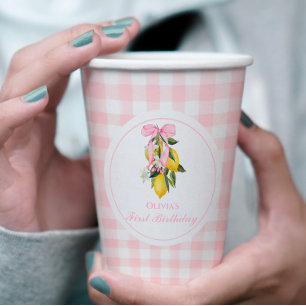 Lemon Pink Bow preppy Coquette 1st birthday Paper Cups