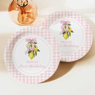 Lemon Pink Bow preppy Coquette 1st birthday Paper Plate
