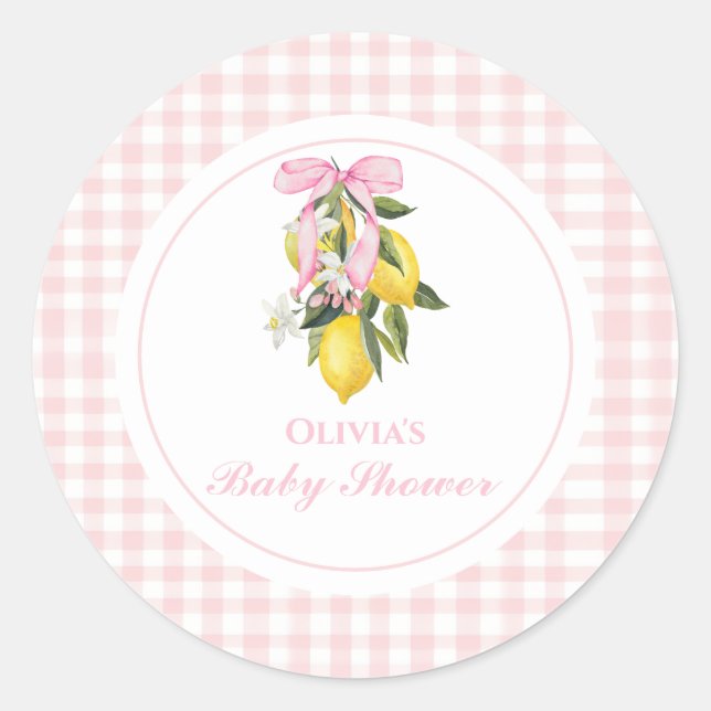Lemon Pink Bow preppy Coquette baby shower Classic Round Sticker (Front)