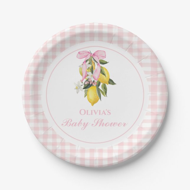 Lemon Pink Bow preppy Coquette baby shower Paper Plate (Front)