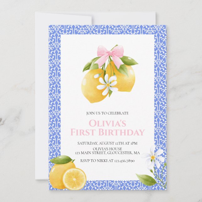 Lemon Pink Bow preppy Coquette birthday Invitation (Front)