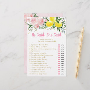 Lemon Pink Floral He Said She Said Bridal Game