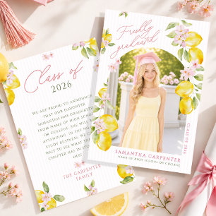 lemon pink flowers graduation announcement