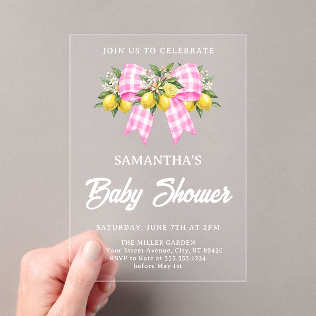 Lemon & Pink Gingham Bow Baby Shower Acrylic Invitations (Insitu (Handheld))