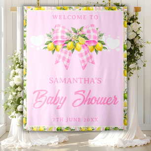 Lemon & Pink Gingham Bow Baby Shower Backdrop Tapestry