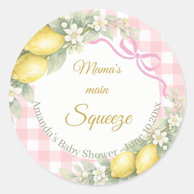 Lemon pink gingham mama's main squeeze Baby Shower Classic Round Sticker (Front)