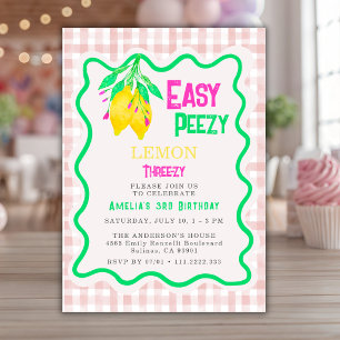Lemon Pink Gingham Three-zy 3rd Girl Birthday Invitation