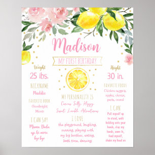 Lemon Pink Gold Floral First Birthday Milestone Poster