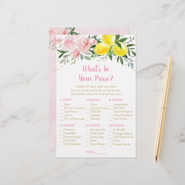 Lemon Pink Gold Floral What's In Your Purse Game (Front/Back In Situ)
