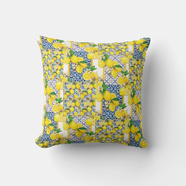 Lemon Portuguese Azulejo Mediterranean Santorini   Cushion (Front)