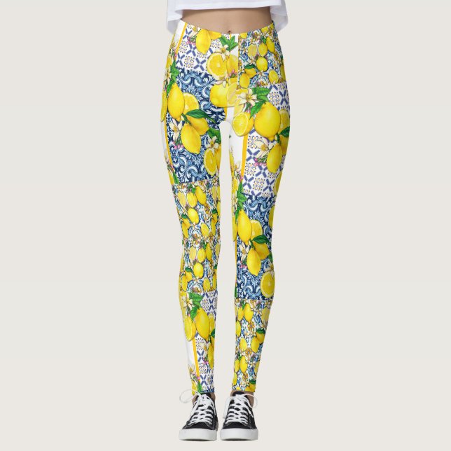 Lemon Portuguese Azulejo Mediterranean Santorini   Leggings (Front)