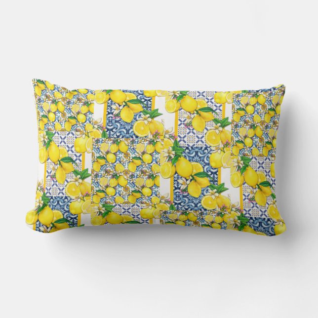 Lemon Portuguese Azulejo Mediterranean Santorini   Lumbar Cushion (Front)