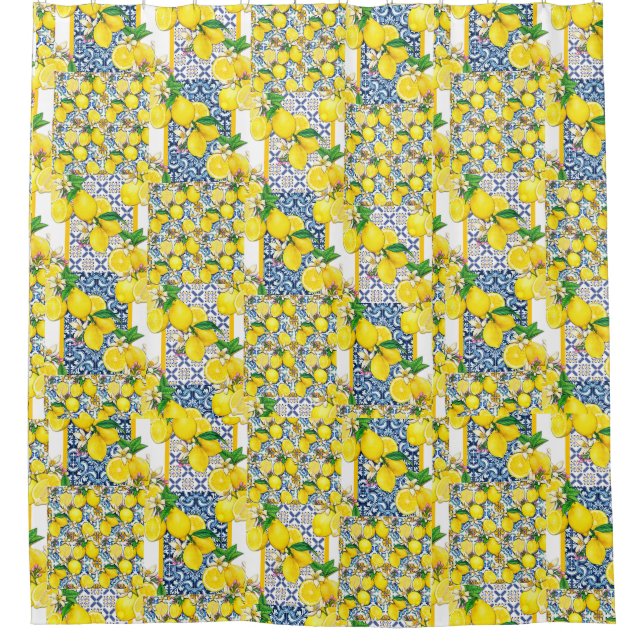 Lemon Portuguese Azulejo Mediterranean Santorini   Shower Curtain (Front)