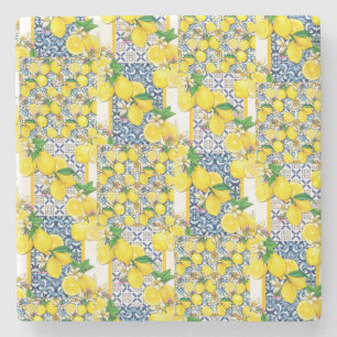 Lemon Portuguese Azulejo Mediterranean Santorini   Stone Coaster