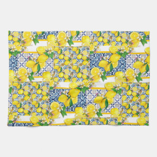 Lemon Portuguese Azulejo Mediterranean Santorini   Tea Towel