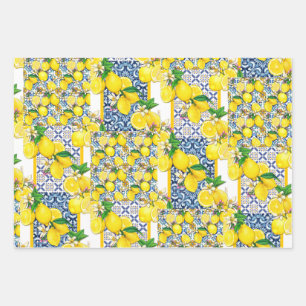 Lemon Portuguese Azulejo Mediterranean Santorini   Wrapping Paper Sheet