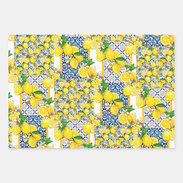 Lemon Portuguese Azulejo Mediterranean Santorini Wrapping Paper Sheet (Front)