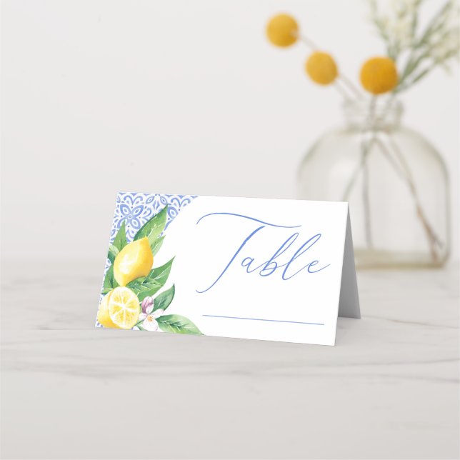 Lemon Positano Blue Tile Bridal Shower Table Place Card (Front)