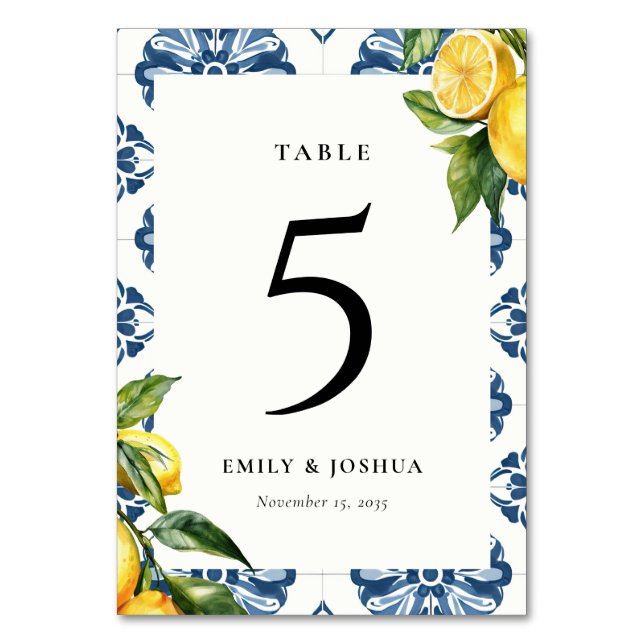 Lemon Positano Italian Wedding Table Number (Front)