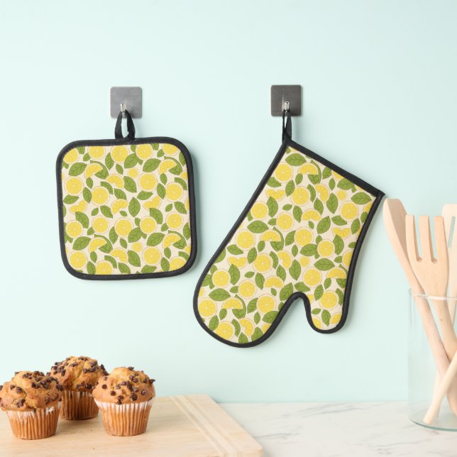 Lemon Print Oven Mitt & Pot Holder Set (Insitu(Hanging))