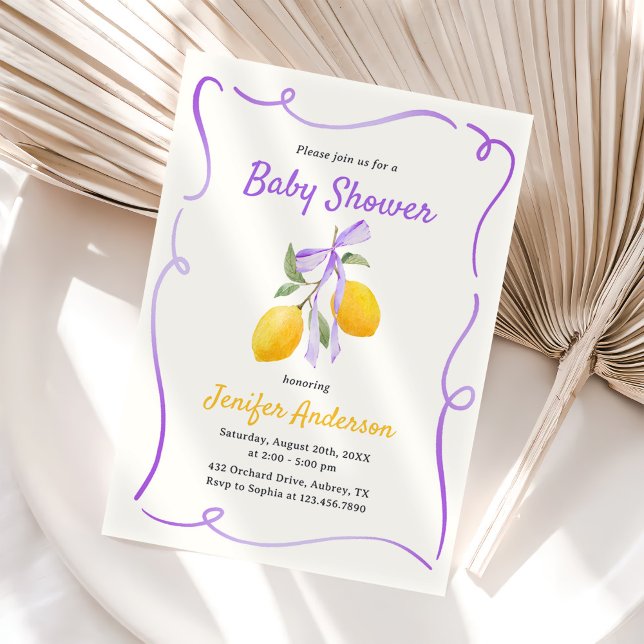 Lemon Purple Bow Baby Shower Invitation (Creator Uploaded)